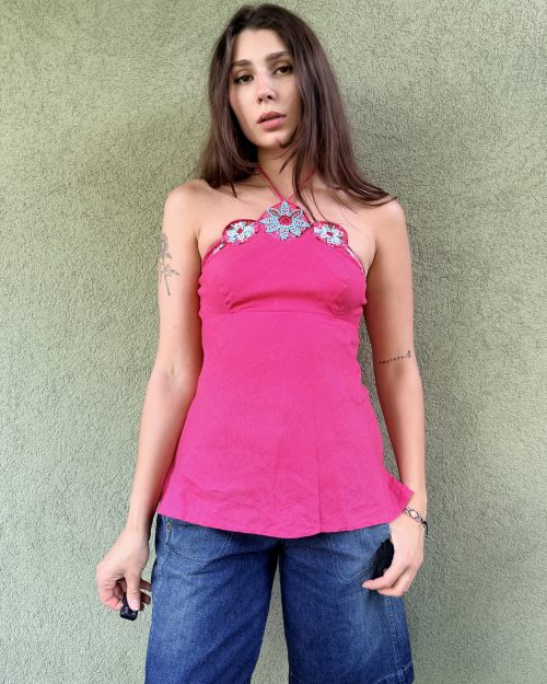 Lniany top wyszywany koralikami XS