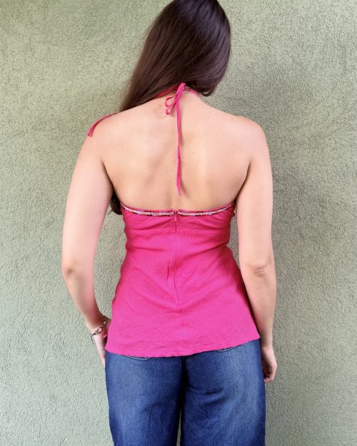 Lniany top wyszywany koralikami XS