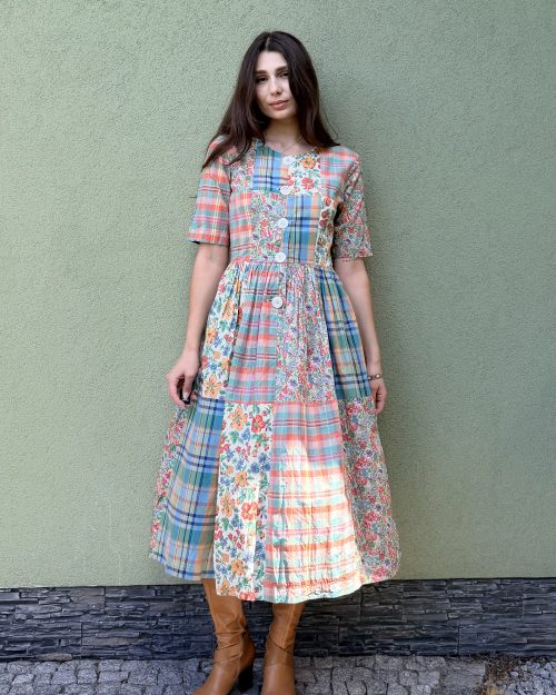 Vintage bawełniana patchworkowa sukienka S