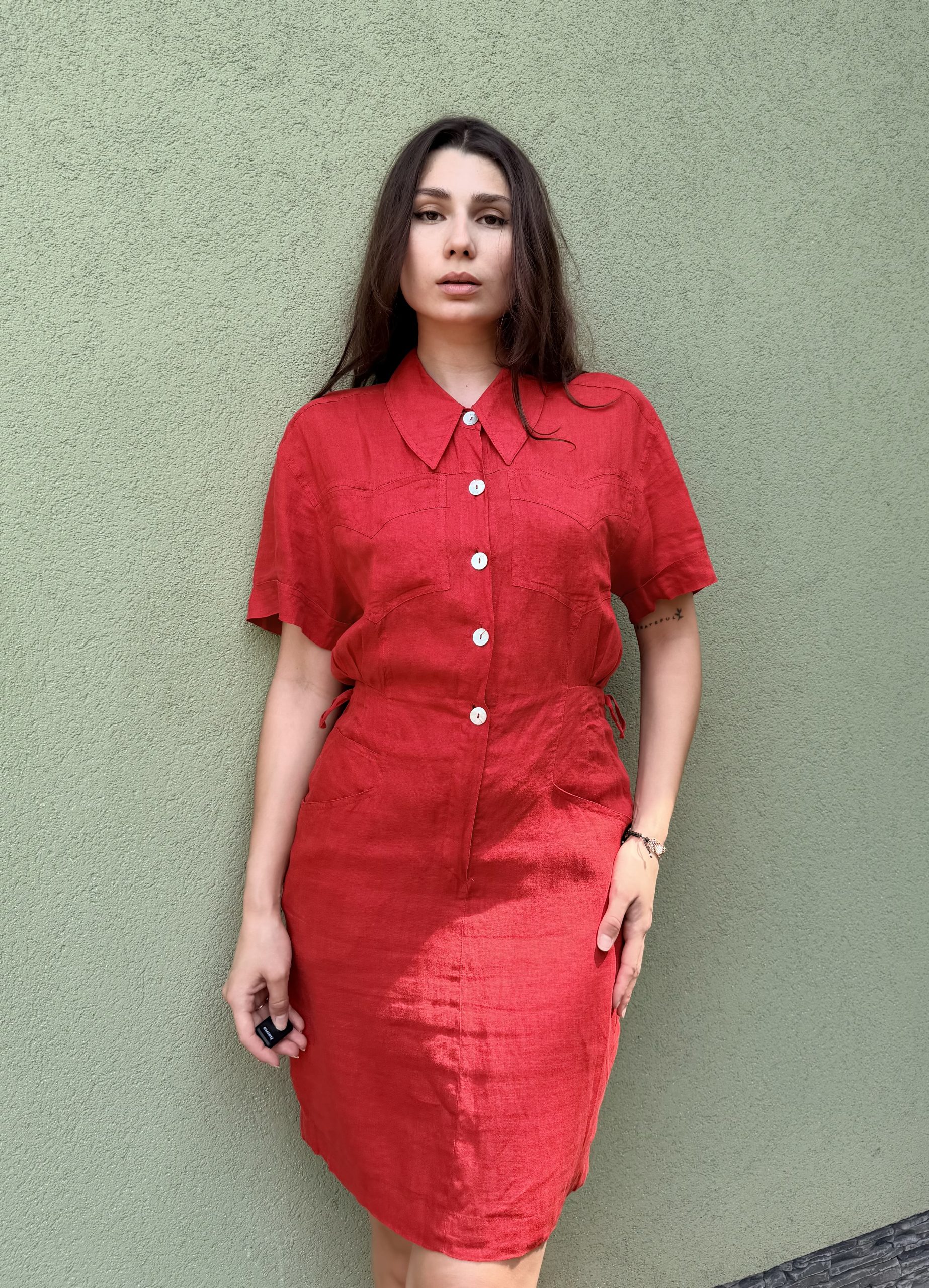 Vintage lniana sukienka koszulowa S - obrazek 6