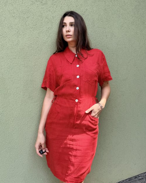Vintage lniana sukienka koszulowa S
