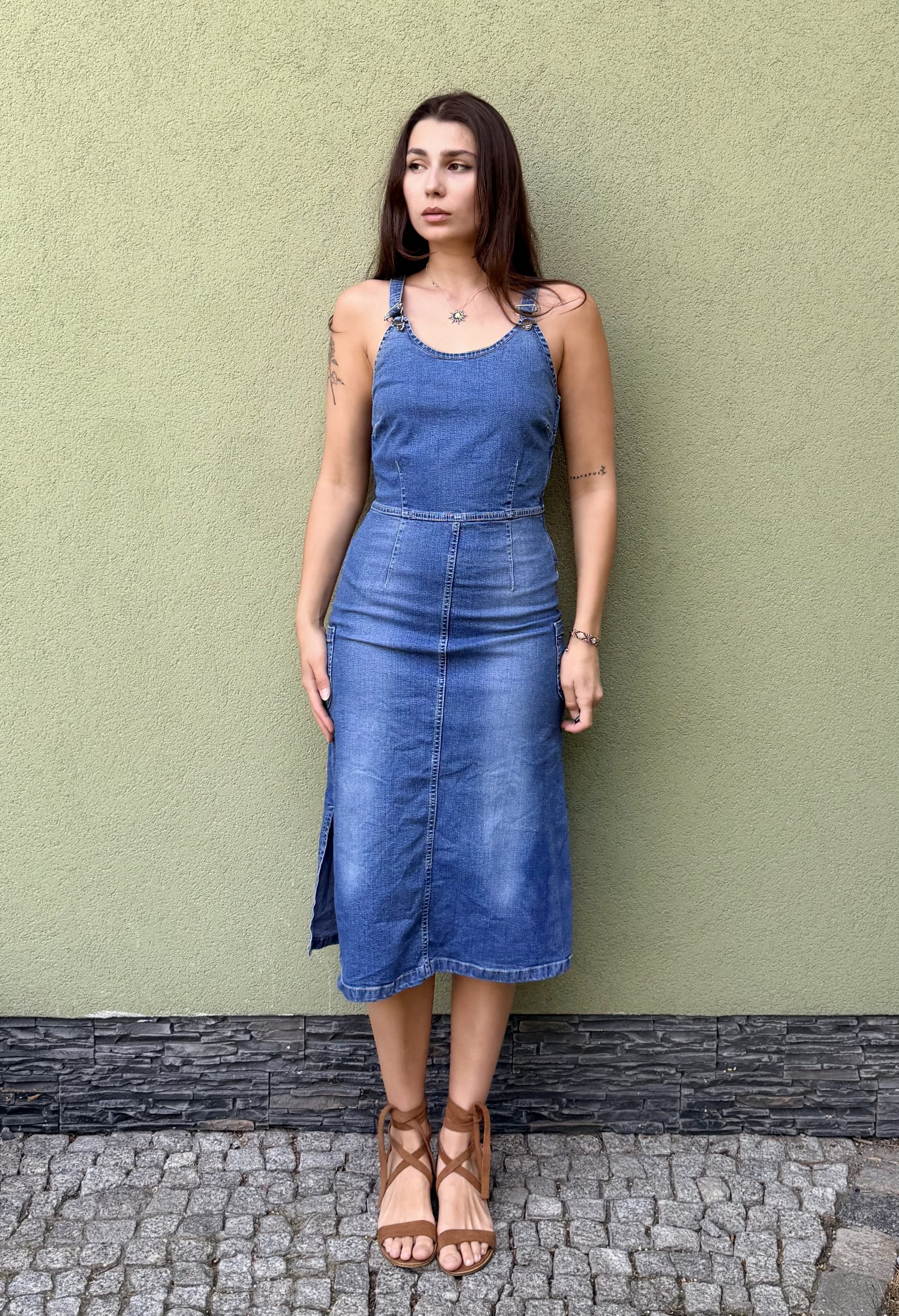 Vintage bawełniana jeansowa sukienka ogrodniczka M