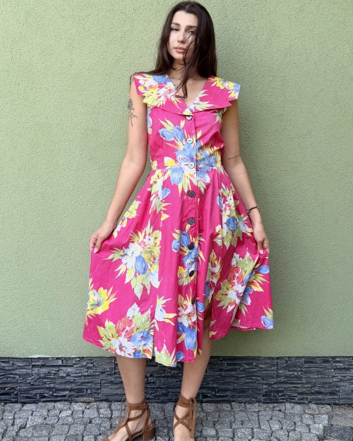 Vintage bawełniana sukienka z dużym kołnierzem L