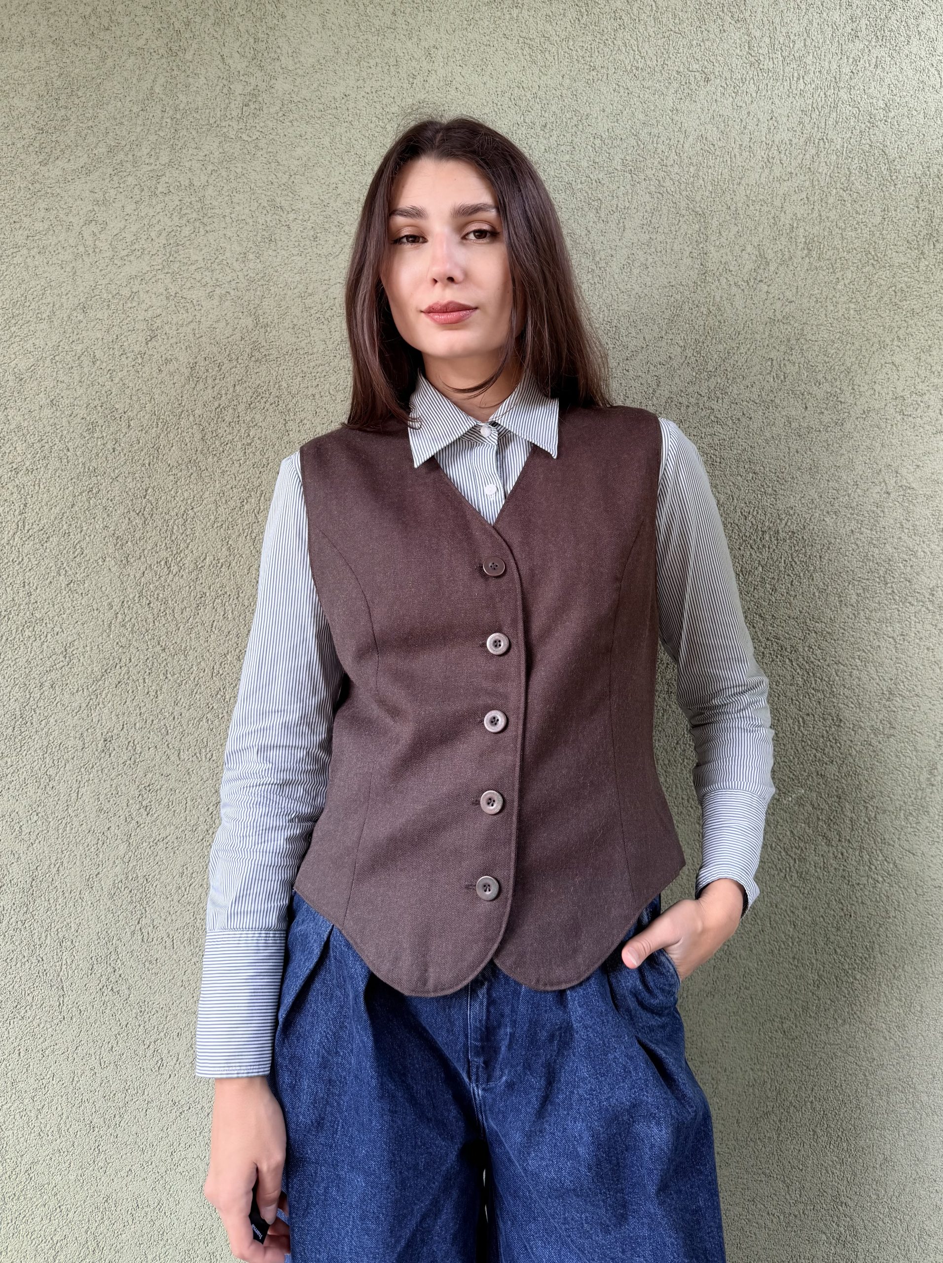 Vintage wełniana kamizelka w kolorze gorzkiej czekolady L - obrazek 3