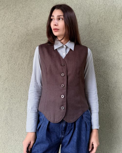 Vintage wełniana kamizelka w kolorze gorzkiej czekolady L