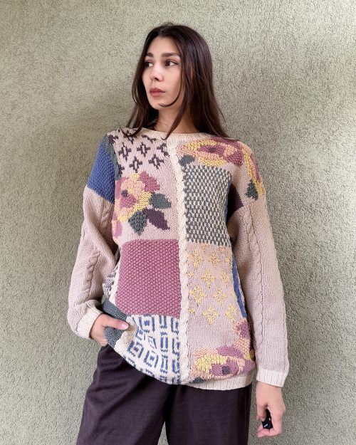 Vintage sweter z kwiatami wełna & bawełna S