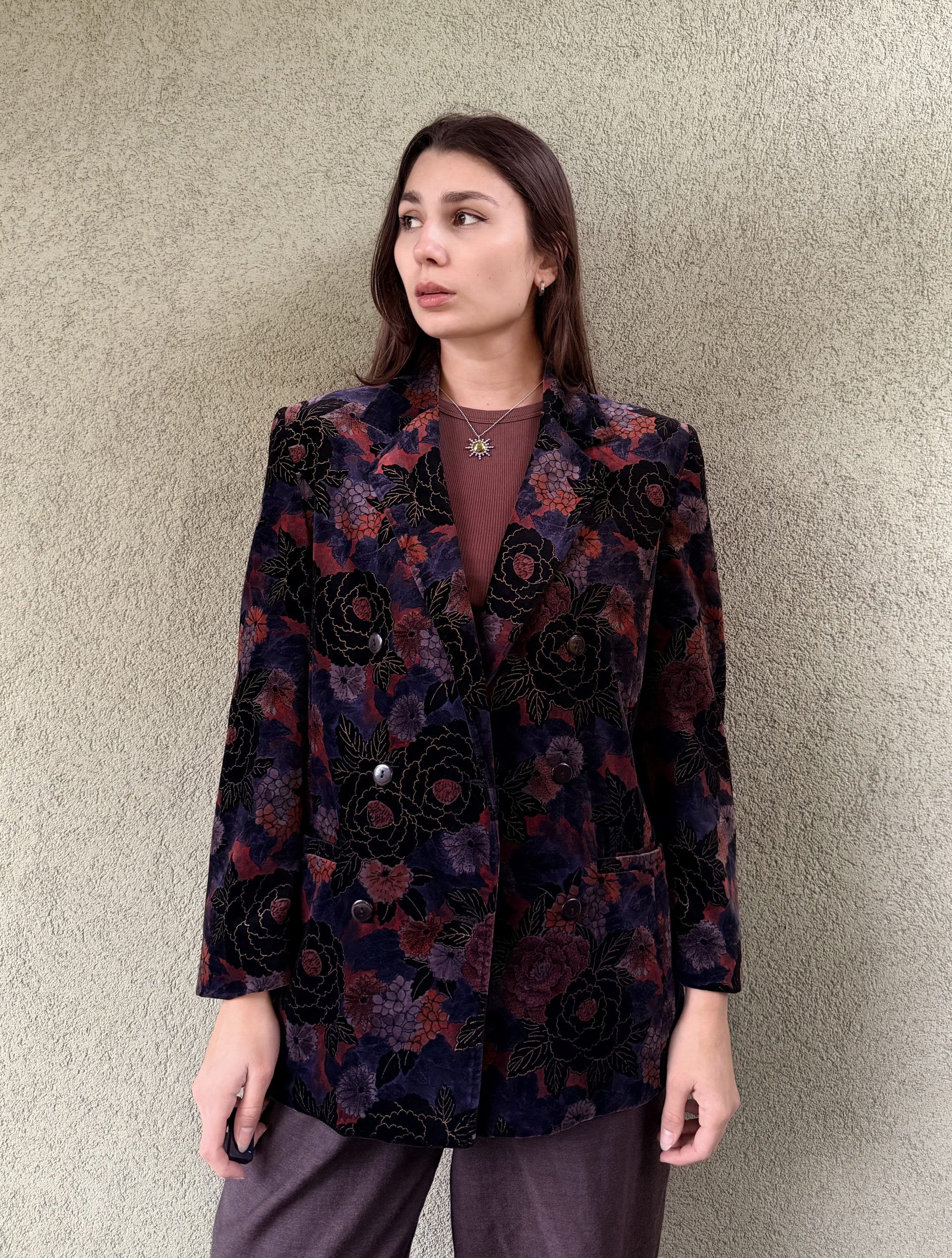 Vintage bawełniana welurowa marynarka w kwiaty M/L - obrazek 3