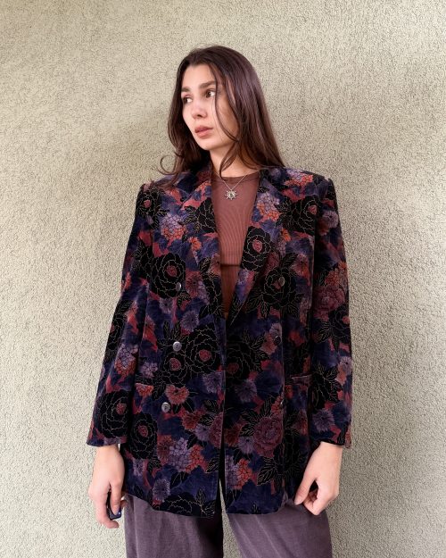 Vintage bawełniana welurowa marynarka w kwiaty M/L
