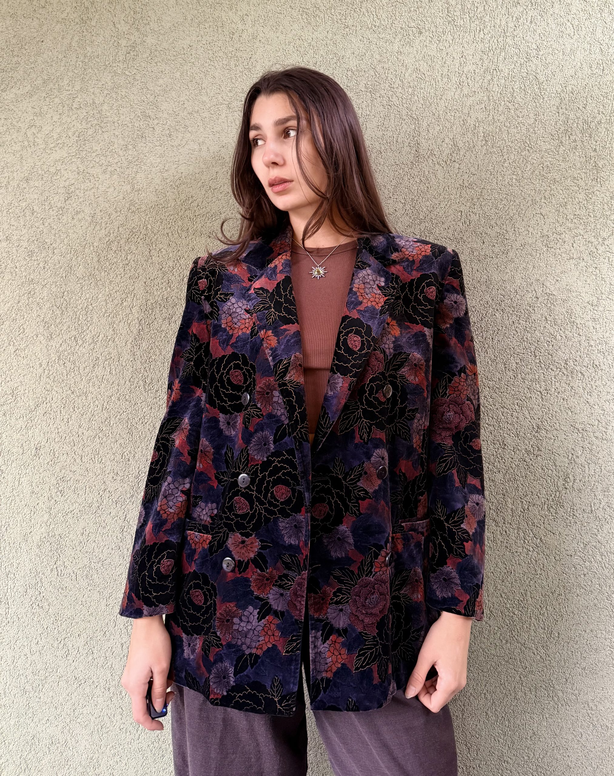 Vintage bawełniana welurowa marynarka w kwiaty M/L