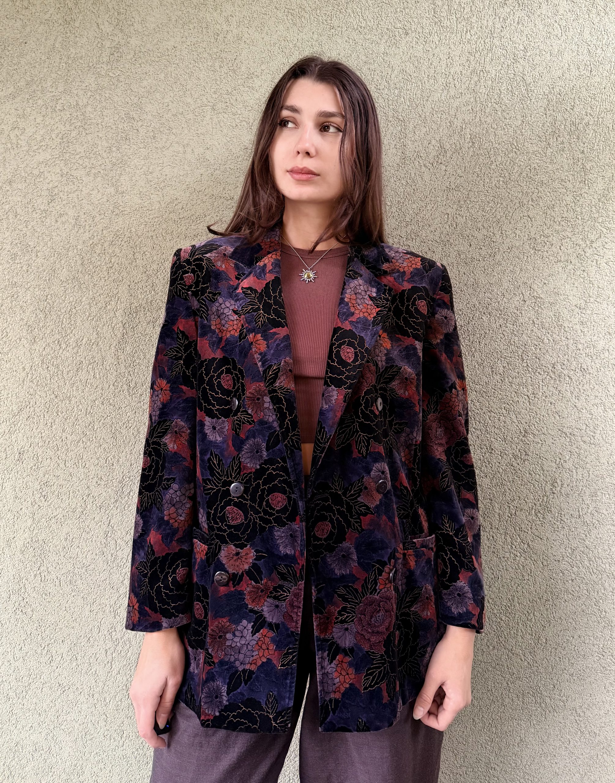 Vintage bawełniana welurowa marynarka w kwiaty M/L - obrazek 5