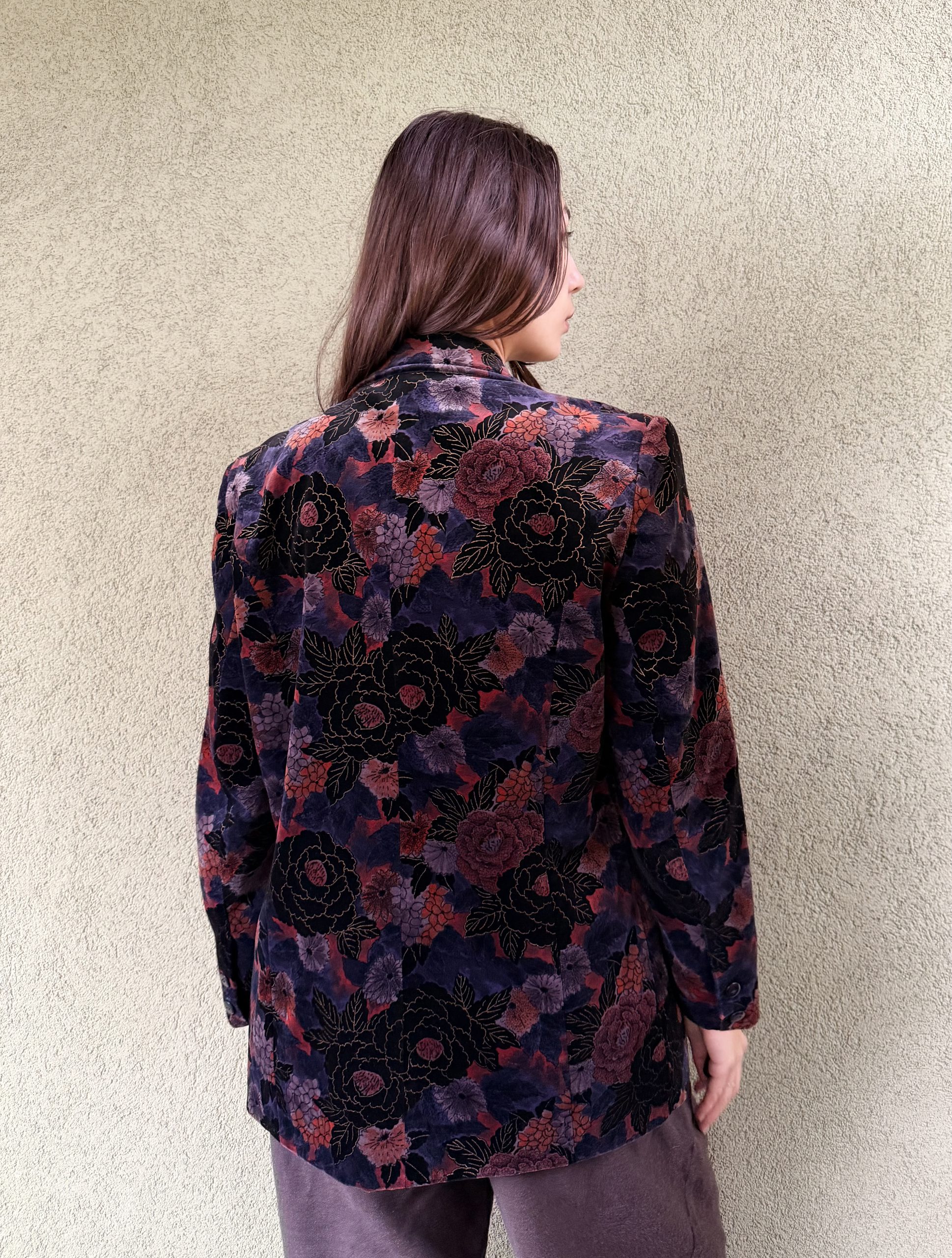 Vintage bawełniana welurowa marynarka w kwiaty M/L - obrazek 9