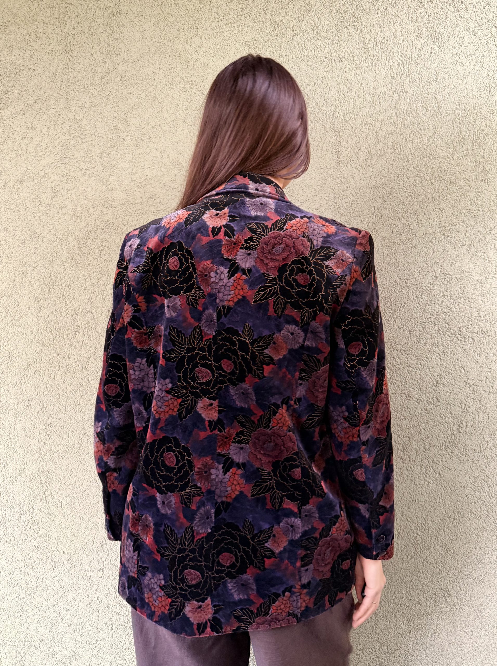 Vintage bawełniana welurowa marynarka w kwiaty M/L - obrazek 2
