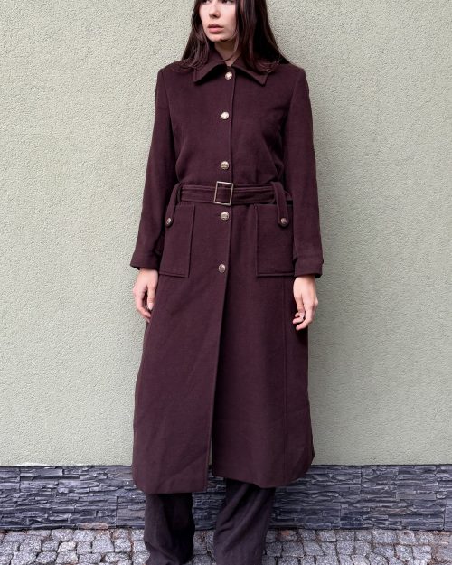 Vintage wełniany płaszcz z paskiem S/M