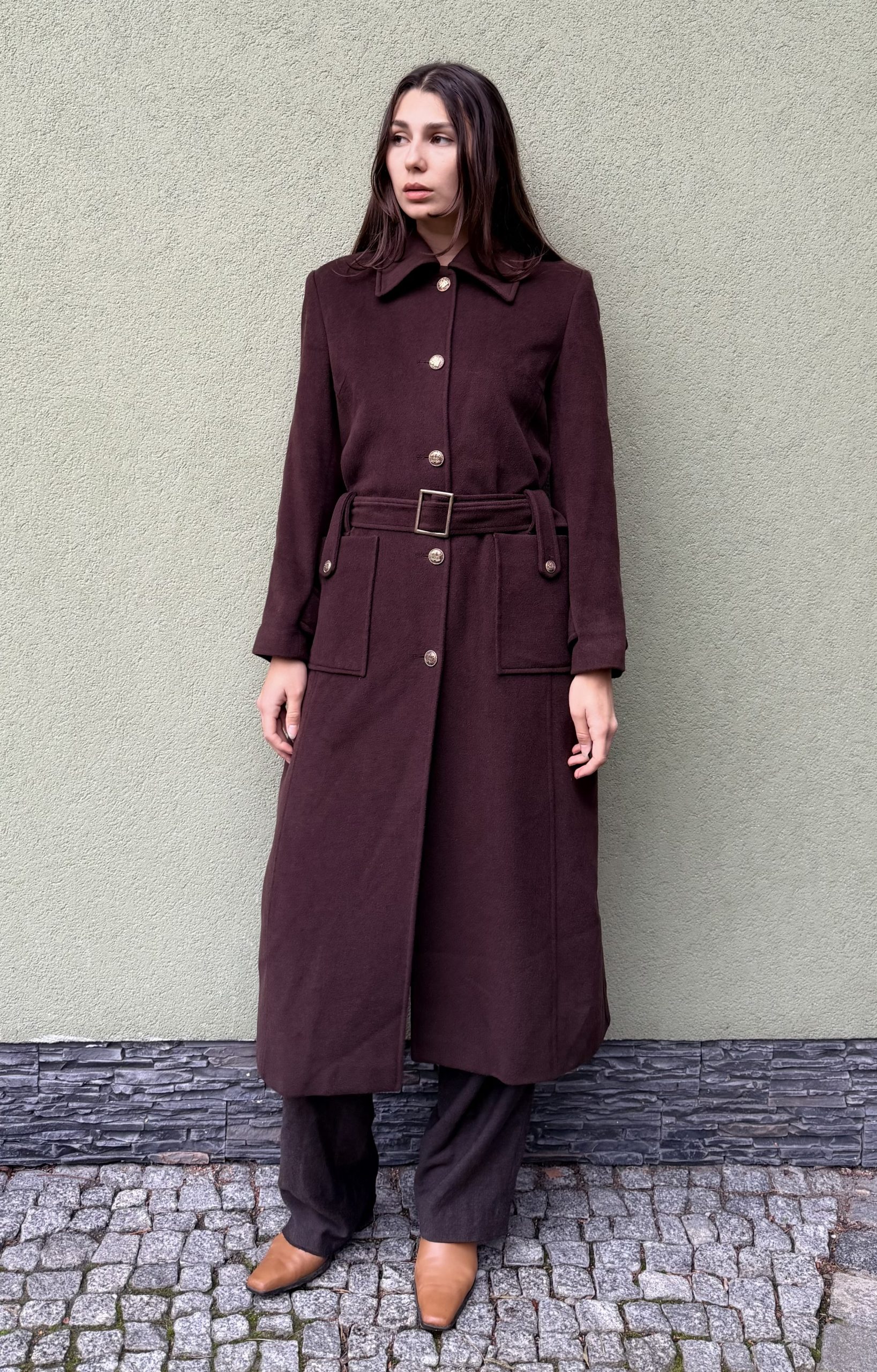 Vintage wełniany płaszcz z paskiem S/M