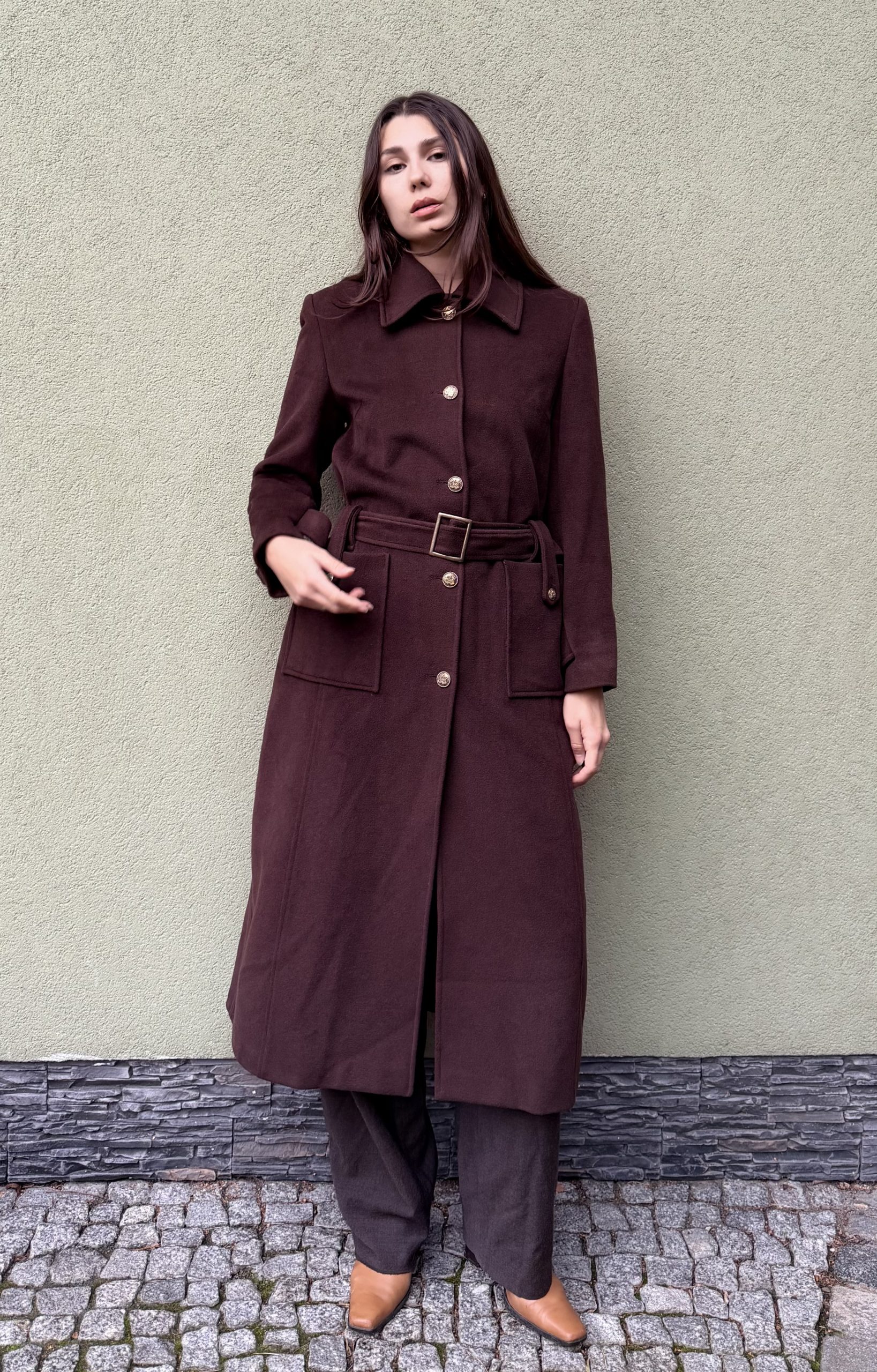 Vintage wełniany płaszcz z paskiem S/M - obrazek 6