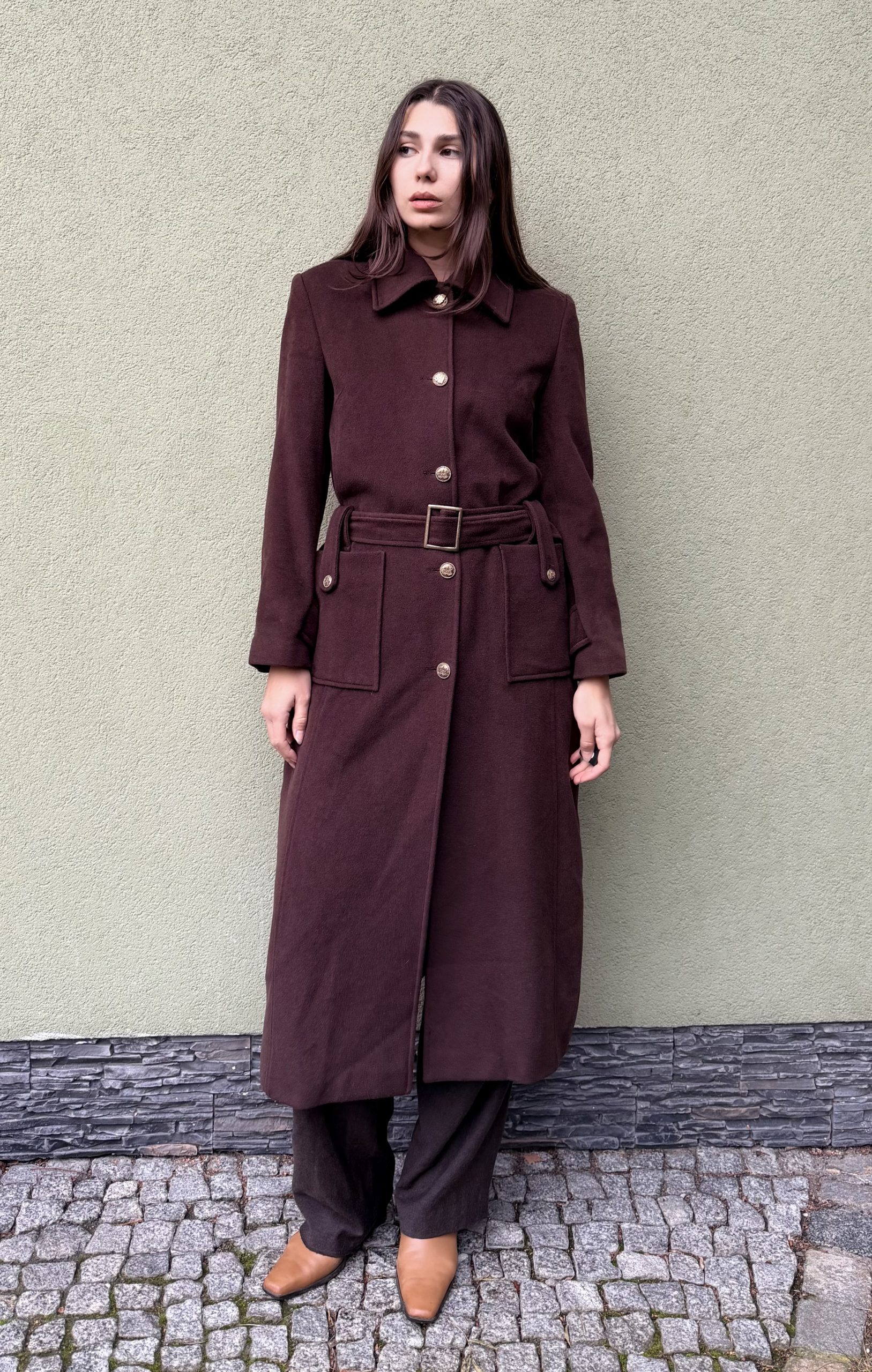 Vintage wełniany płaszcz z paskiem S/M - obrazek 4