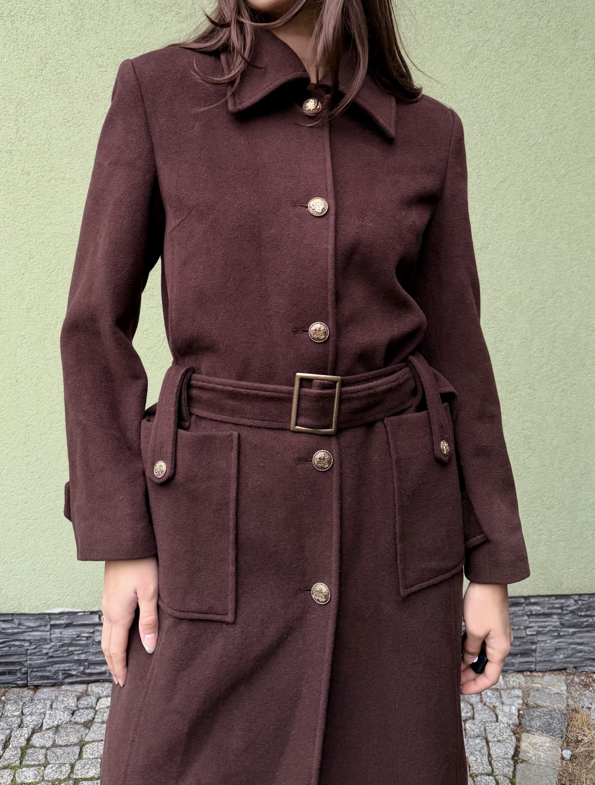 Vintage wełniany płaszcz z paskiem S/M - obrazek 5