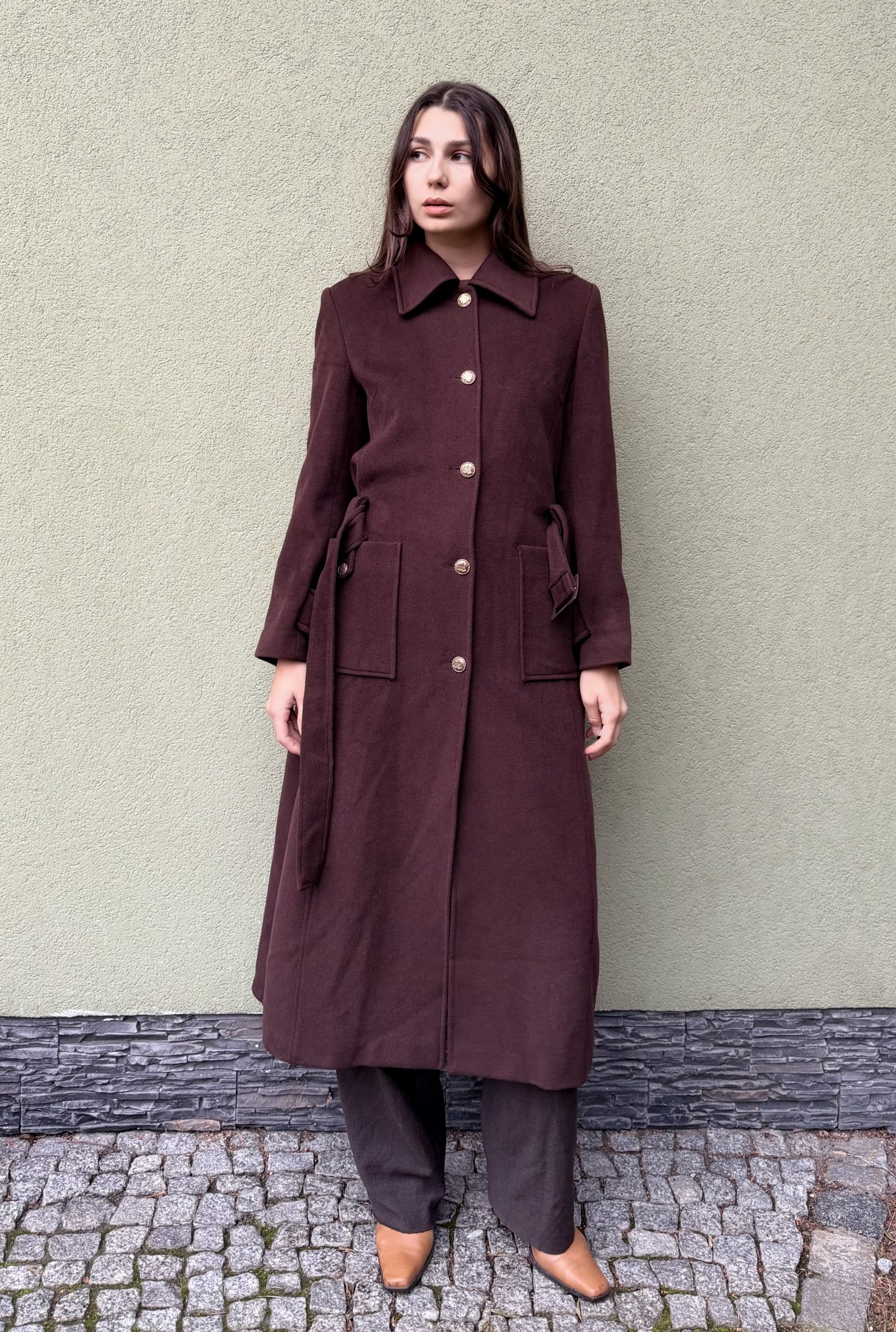 Vintage wełniany płaszcz z paskiem S/M - obrazek 8
