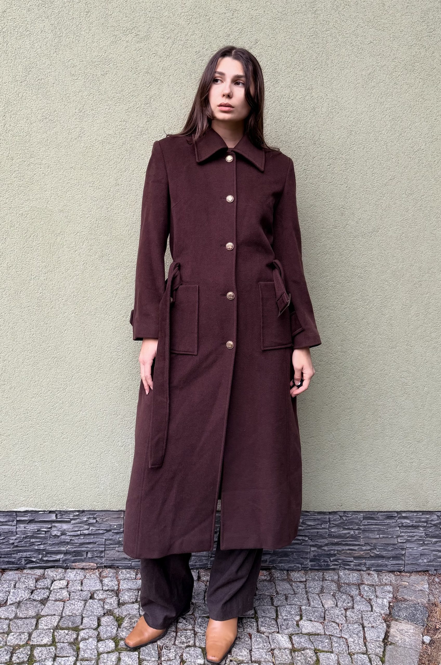 Vintage wełniany płaszcz z paskiem S/M - obrazek 7